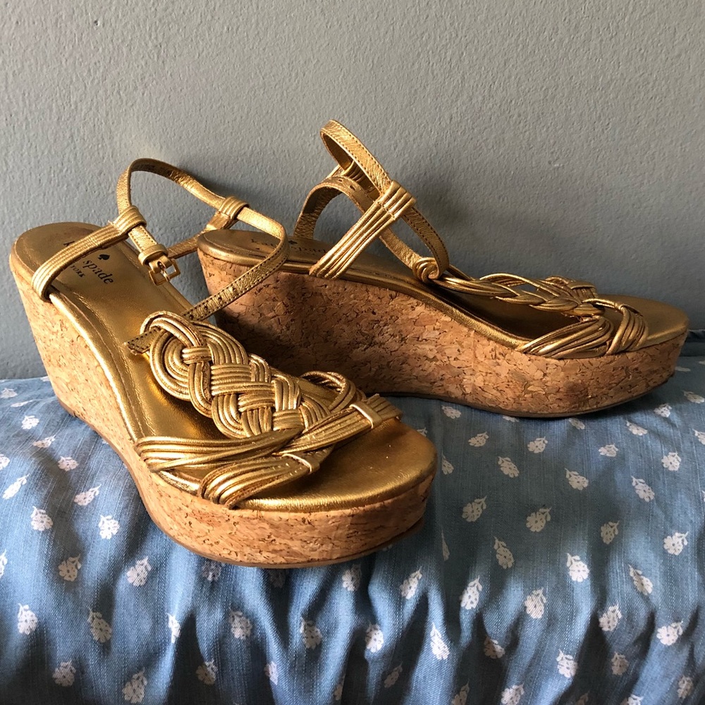 Kate Spade Gold Braided T-Strap Cork Wedge Sandals